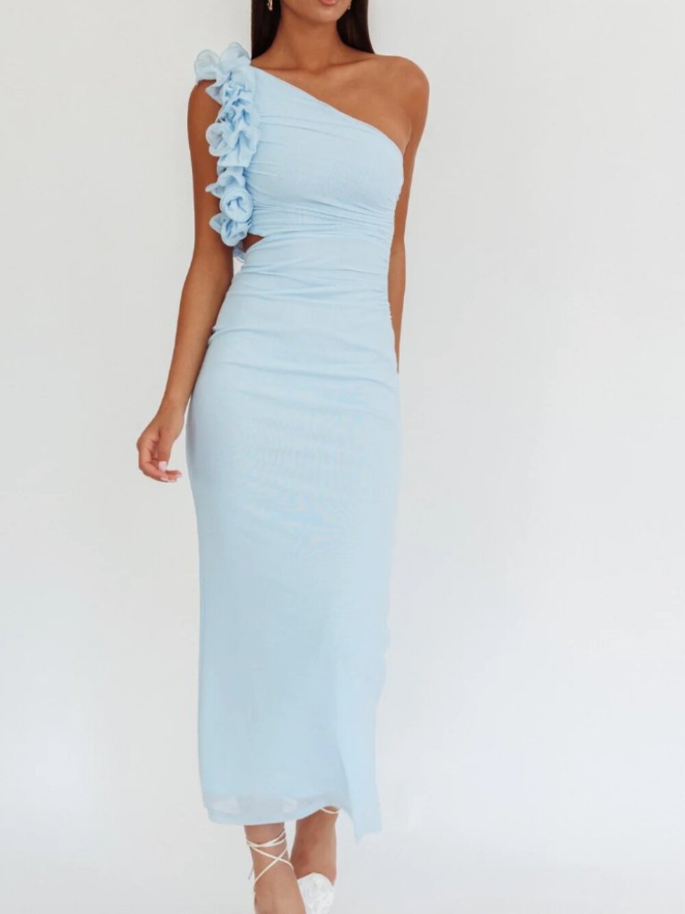 Deanna One-Shoulder Ruffle Maxi Dress Light Blue